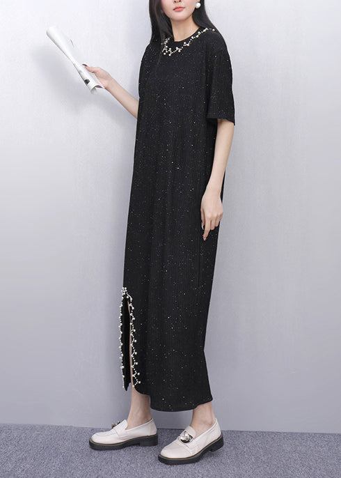 Casual Black Sequins Side Open Cotton Straight Dress Summer