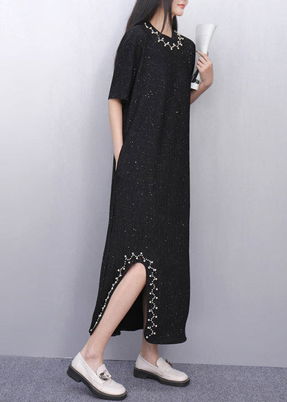 Casual Black Sequins Side Open Cotton Straight Dress Summer