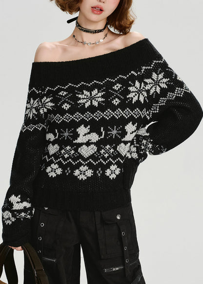 Casual Black Slash Neck Jacquard Knit Sweater Tops Spring