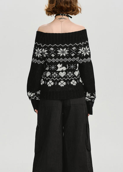 Casual Black Slash Neck Jacquard Knit Sweater Tops Spring