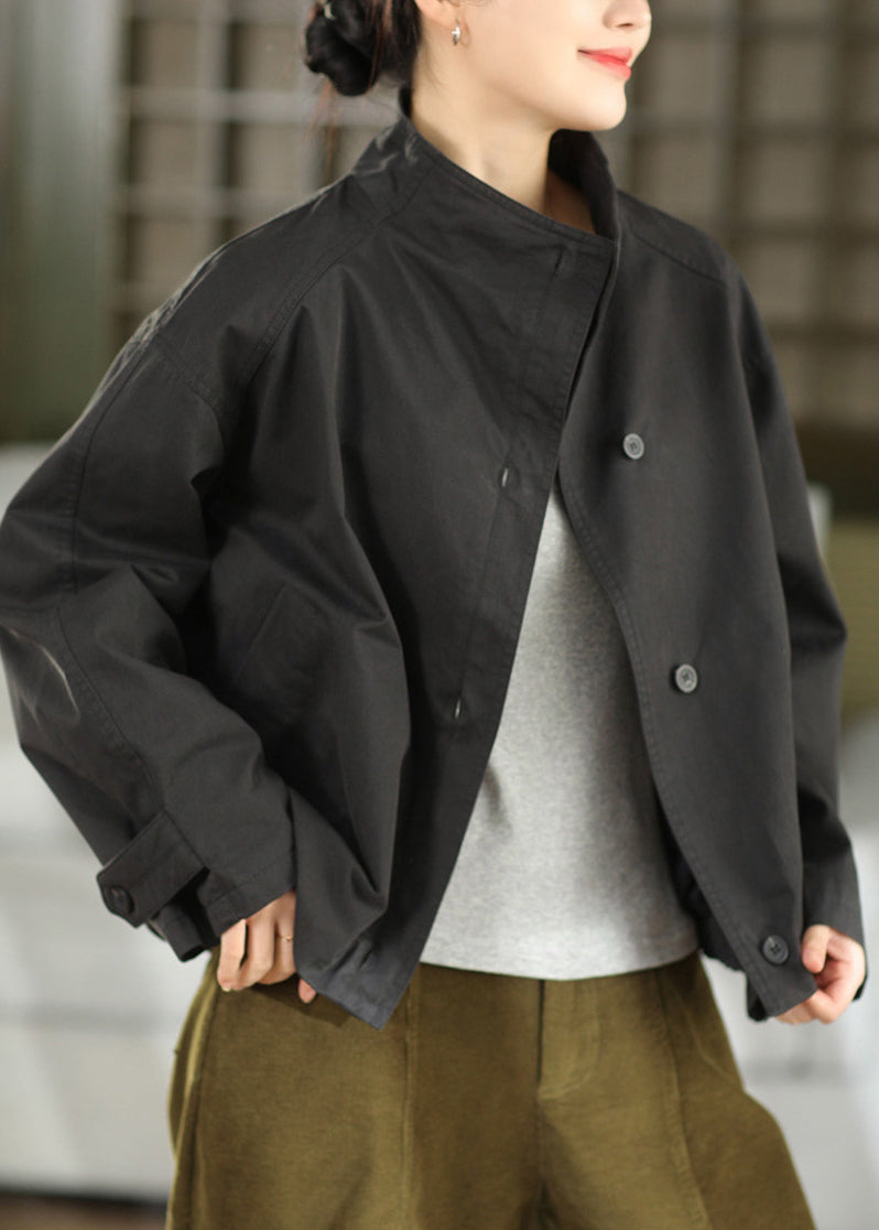 Casual Black Stand Collar Pockets Button Cotton Coat Fall