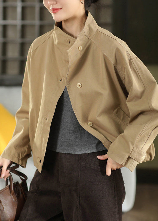 Casual Black Stand Collar Pockets Button Cotton Coat Fall