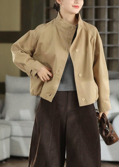 Casual Black Stand Collar Pockets Button Cotton Coat Fall