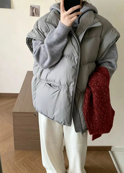Casual Black Stand Collar Pockets Drawstring Cotton Filled Waistcoat Winter
