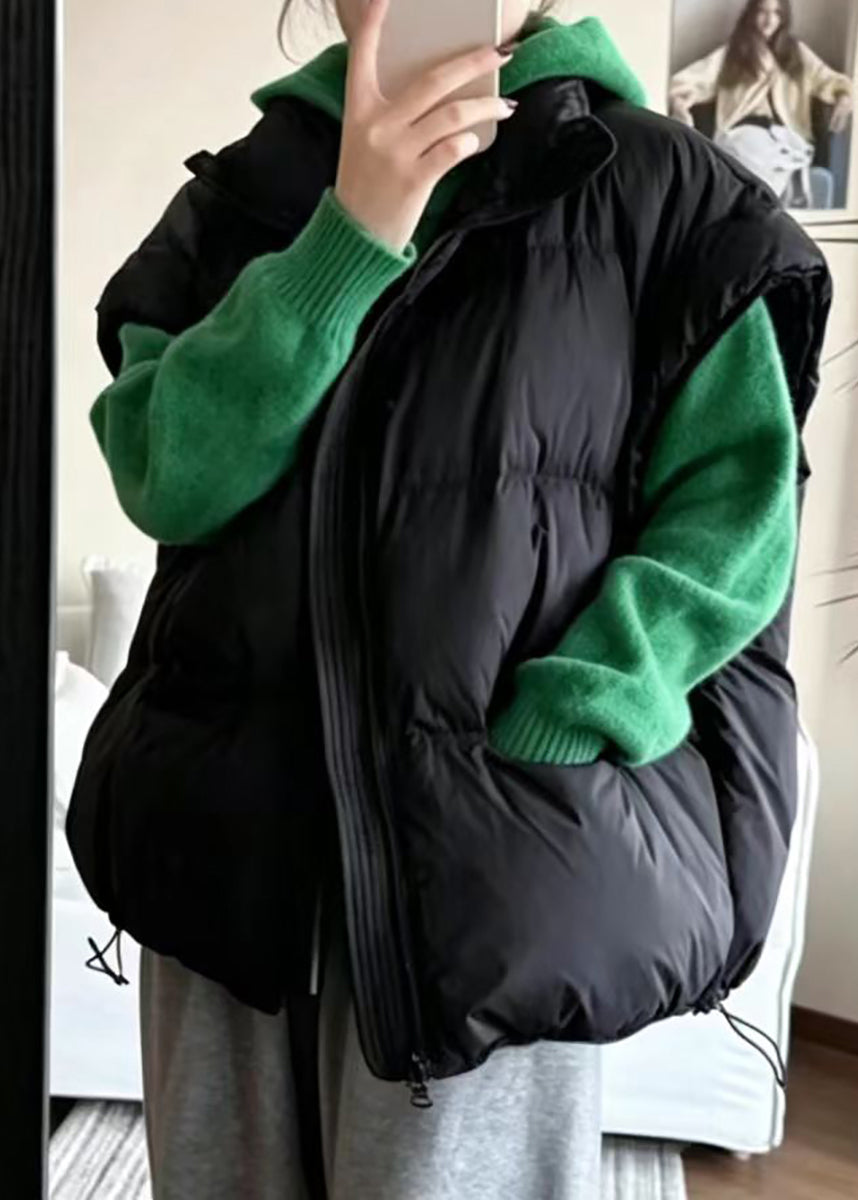 Casual Black Stand Collar Pockets Drawstring Cotton Filled Waistcoat Winter