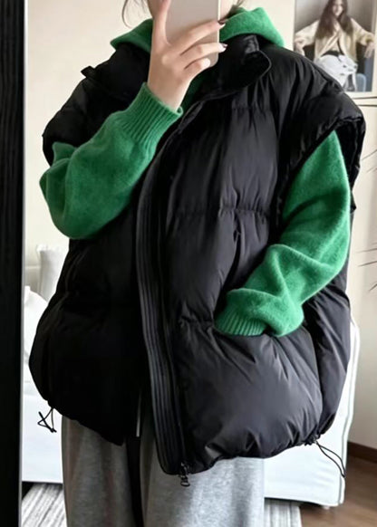 Casual Black Stand Collar Pockets Drawstring Cotton Filled Waistcoat Winter