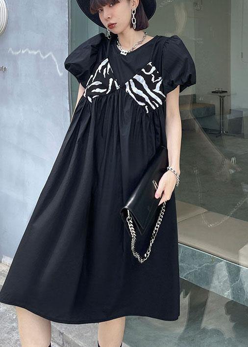 Casual Black Striped Cotton O Neck Cinched Dress - SooLinen