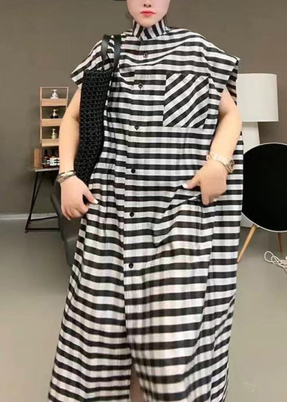 Casual Black Striped Stand Collar Button Maxi Dress Short Sleeve