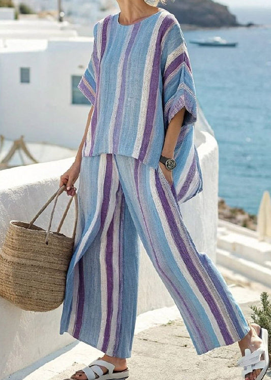 Casual Black Striped T Shirts And Crop Pants Two Pieces Set Summer