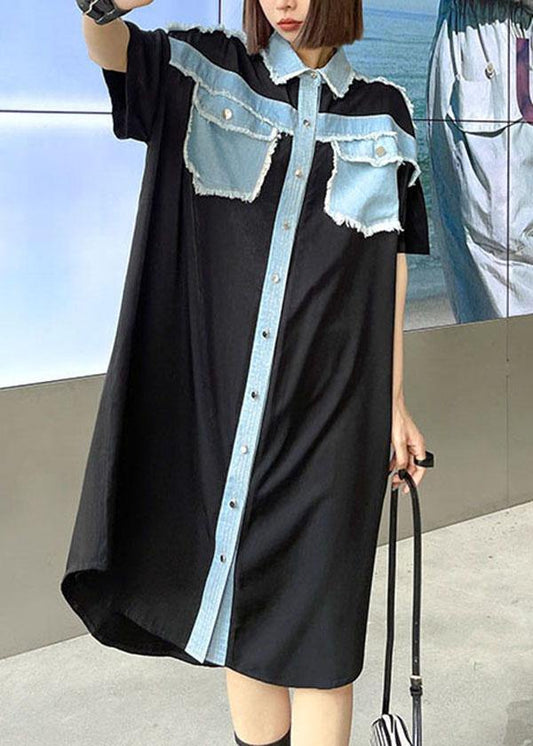 Casual Black Summer Splicingpocke Patchwork Maxi Dresses Short Sleeve Cotton - SooLinen