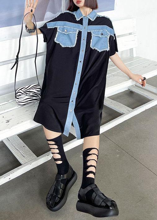 Casual Black Summer Splicingpocke Patchwork Maxi Dresses Short Sleeve Cotton - SooLinen