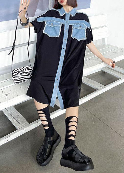 Casual Black Summer Splicingpocke Patchwork Maxi Dresses Short Sleeve Cotton - SooLinen