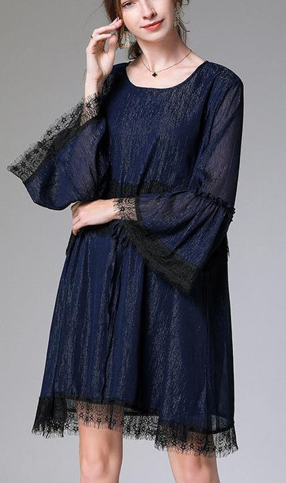 Casual Black Tie Waist Flare Sleeve Mini Summer Chiffon Dress - SooLinen