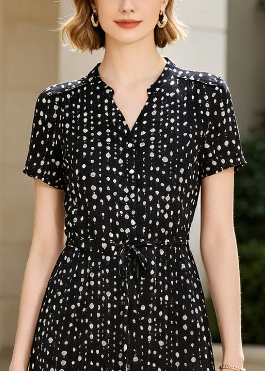 Casual Black Tie Waist Print Silk Day Dress Summer