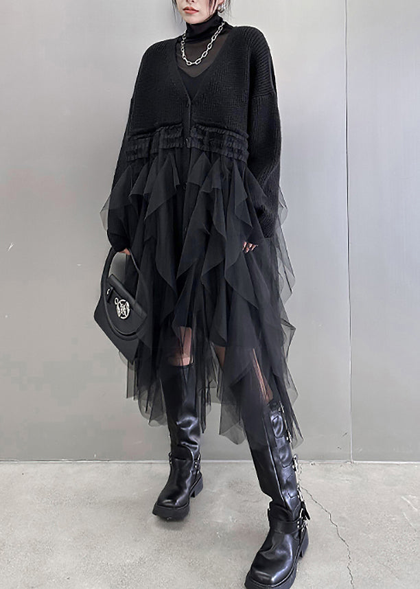 Casual Black Tulle Patchwork Cotton Knit Maxi Sweater Dress Batwing Sleeve
