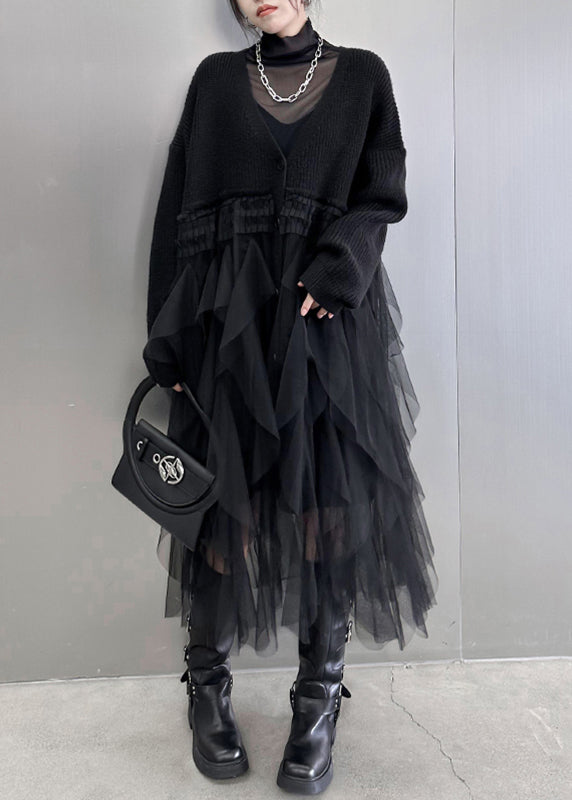 Casual Black Tulle Patchwork Cotton Knit Maxi Sweater Dress Batwing Sleeve