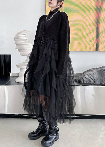 Casual Black Tulle Patchwork Cotton Knit Maxi Sweater Dress Batwing Sleeve