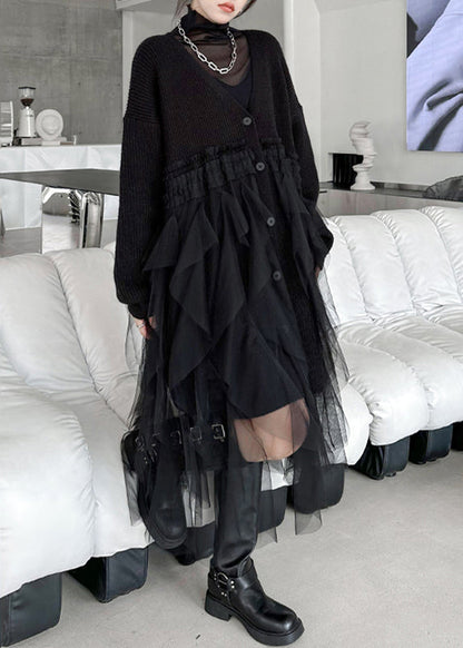 Casual Black Tulle Patchwork Cotton Knit Maxi Sweater Dress Batwing Sleeve