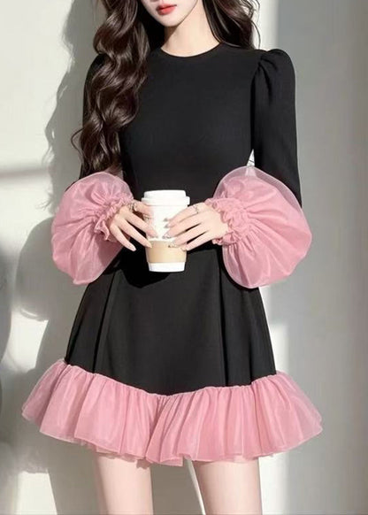 Casual Black Tulle Patchwork Vacation Mid Dresses Puff Sleeve