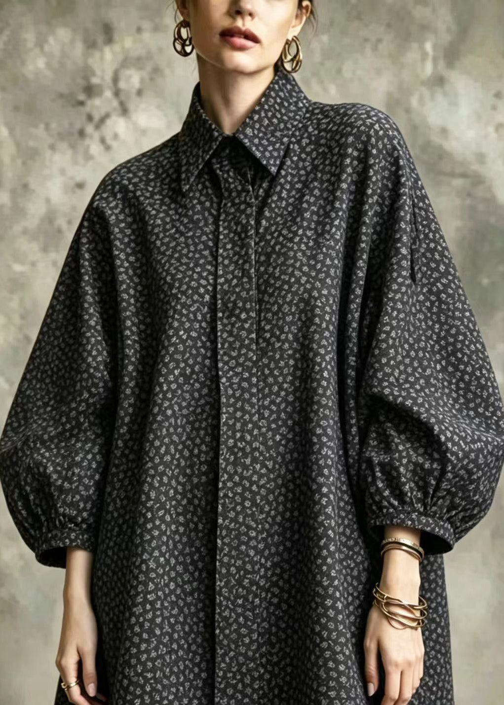 Casual Black Turn-Down Collar Print Oversized Shirts Lantern Sleeve