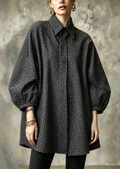 Casual Black Turn-Down Collar Print Oversized Shirts Lantern Sleeve