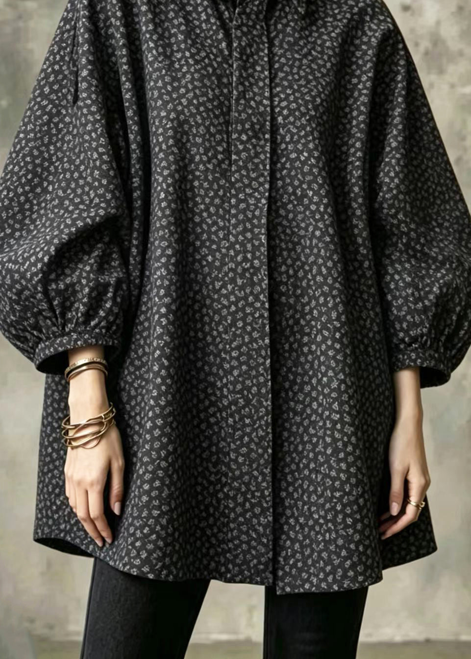 Casual Black Turn-Down Collar Print Oversized Shirts Lantern Sleeve