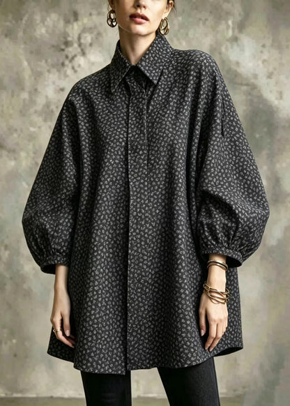 Casual Black Turn-Down Collar Print Oversized Shirts Lantern Sleeve