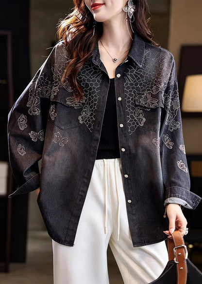 Casual Black Turn-Down Collar Rhinestone Denim Coat Fall