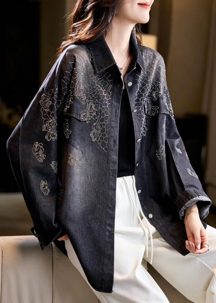 Casual Black Turn-Down Collar Rhinestone Denim Coat Fall