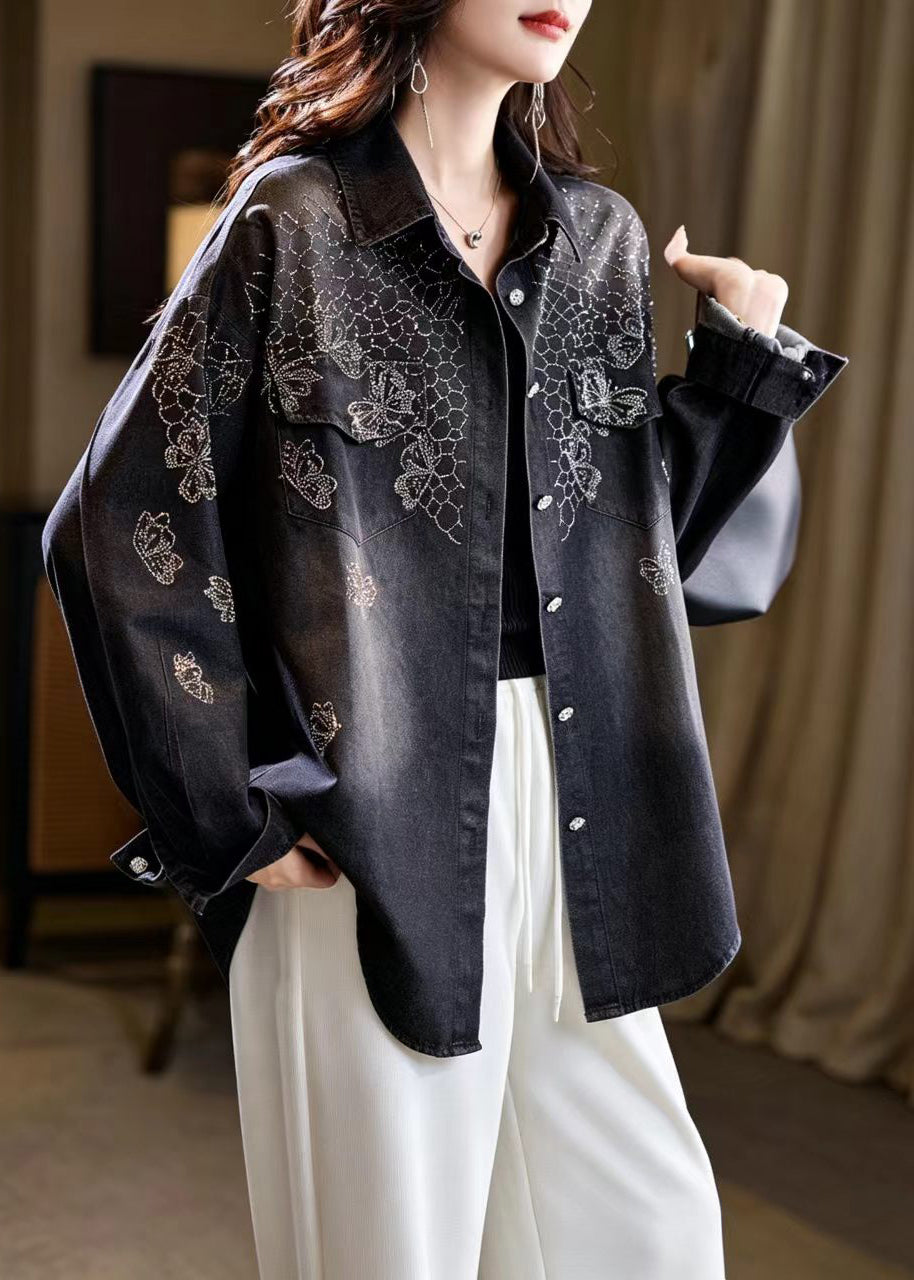 Casual Black Turn-Down Collar Rhinestone Denim Coat Fall