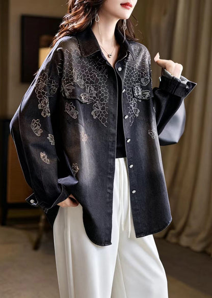 Casual Black Turn-Down Collar Rhinestone Denim Coat Fall
