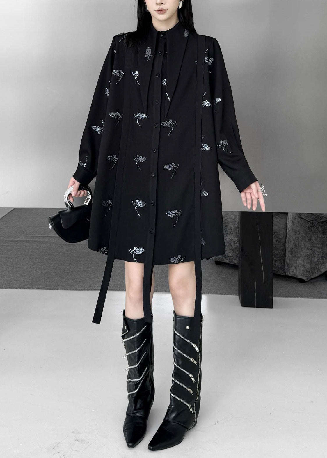 Casual Black Turn-Down Collar Sequins Butterfly Shirts Dress Fall
