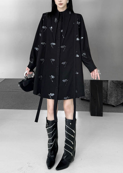 Casual Black Turn-Down Collar Sequins Butterfly Shirts Dress Fall