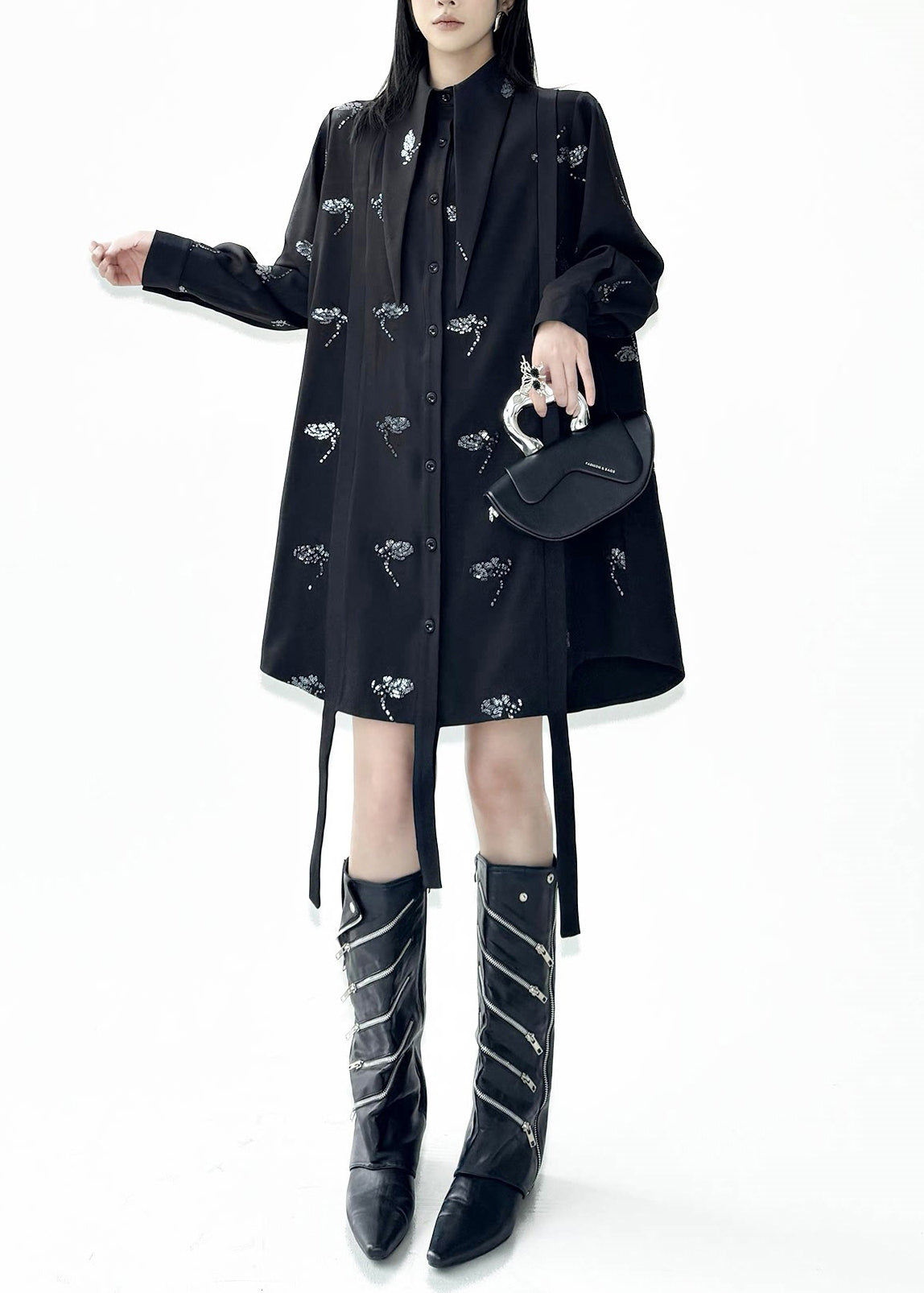 Casual Black Turn-Down Collar Sequins Butterfly Shirts Dress Fall