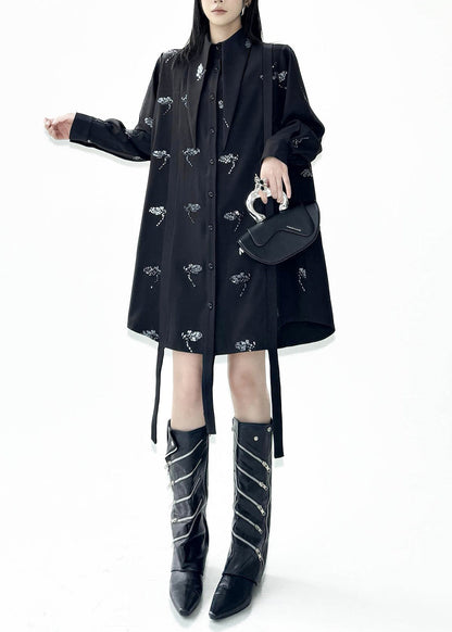 Casual Black Turn-Down Collar Sequins Butterfly Shirts Dress Fall