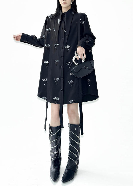 Casual Black Turn-Down Collar Sequins Butterfly Shirts Dress Fall