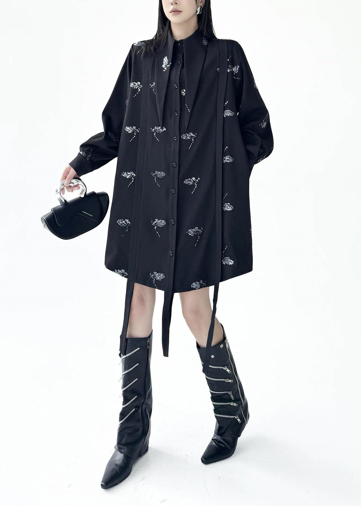 Casual Black Turn-Down Collar Sequins Butterfly Shirts Dress Fall