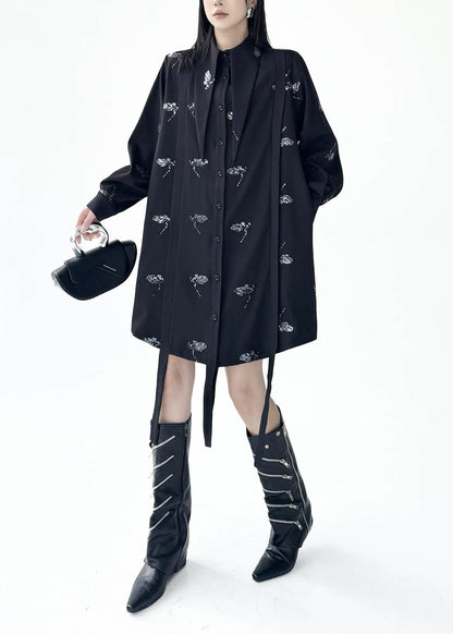 Casual Black Turn-Down Collar Sequins Butterfly Shirts Dress Fall
