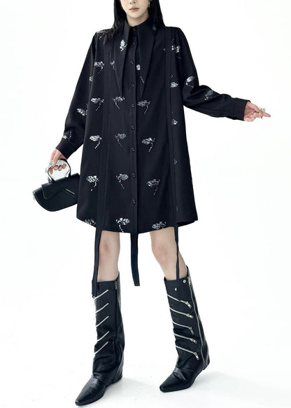 Casual Black Turn-Down Collar Sequins Butterfly Shirts Dress Fall