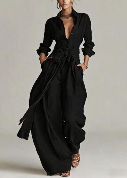 Casual Black Turn-down Collar Tie Waist Jumpsuit Long Sleeve