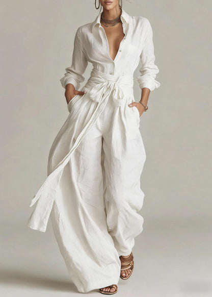 Casual Black Turn-down Collar Tie Waist Jumpsuit Long Sleeve