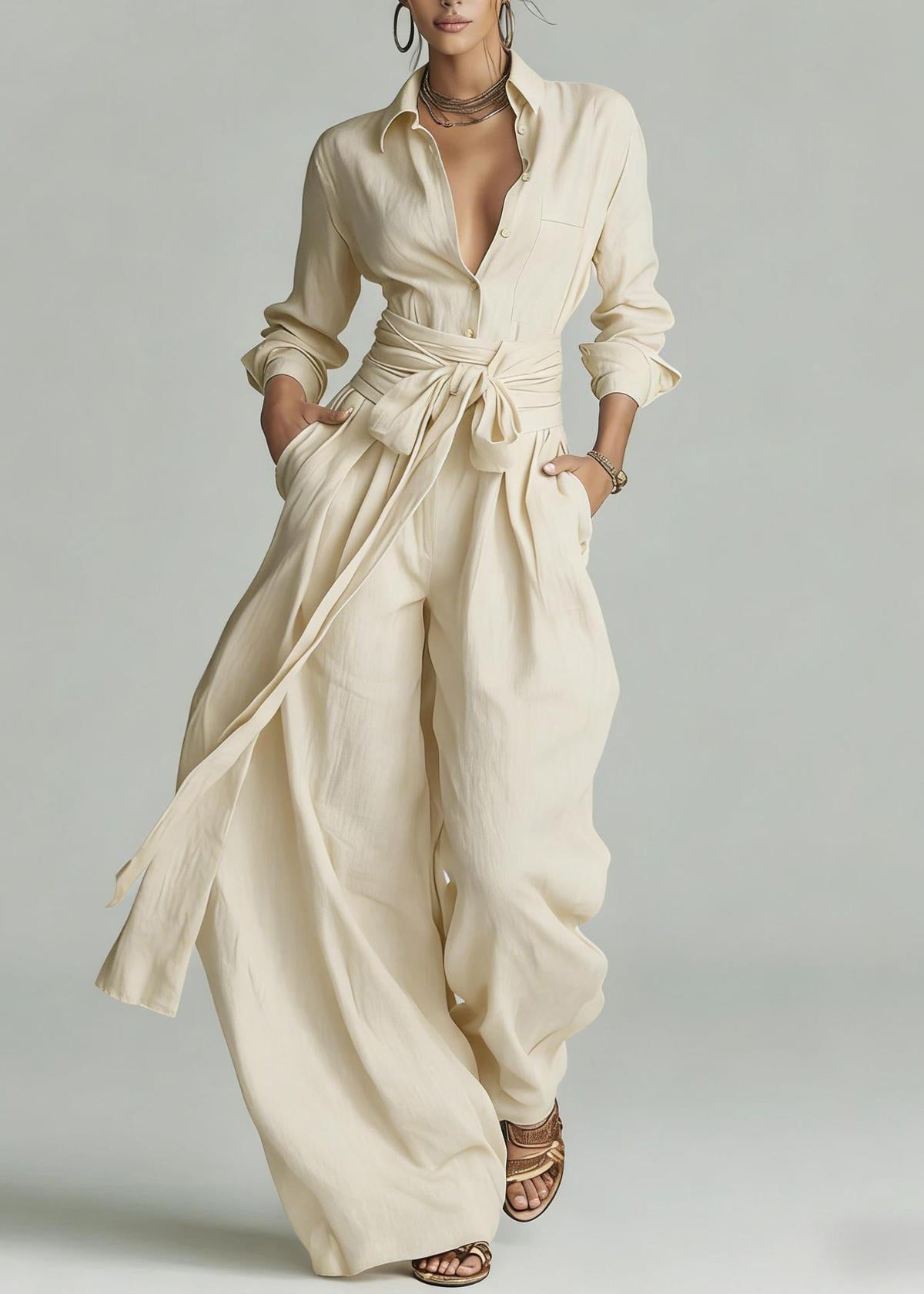 Casual Black Turn-down Collar Tie Waist Jumpsuit Long Sleeve