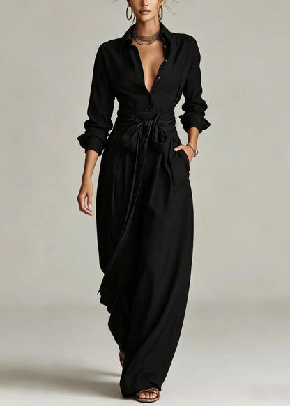 Casual Black Turn-down Collar Tie Waist Jumpsuit Long Sleeve