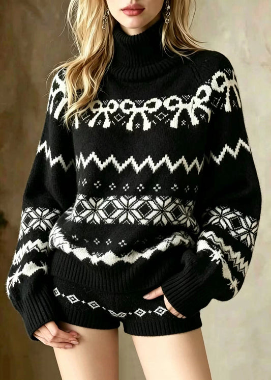 Casual Black Turtleneck Jacquard Knit Sweater And Shorts Two Piece Set Winter