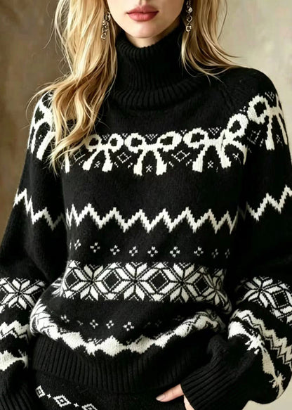 Casual Black Turtleneck Jacquard Knit Sweater And Shorts Two Piece Set Winter