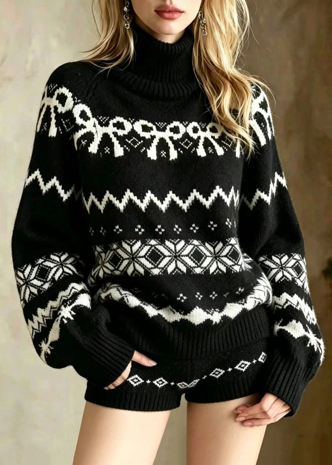 Casual Black Turtleneck Jacquard Knit Sweater And Shorts Two Piece Set Winter