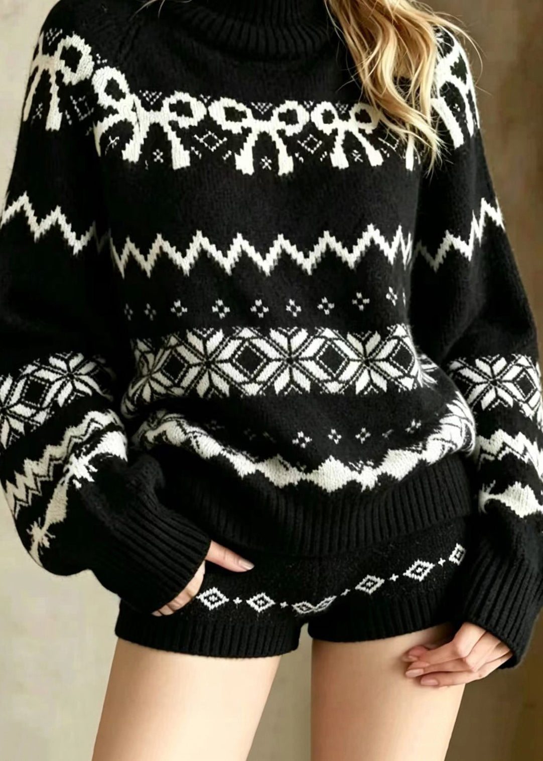 Casual Black Turtleneck Jacquard Knit Sweater And Shorts Two Piece Set Winter