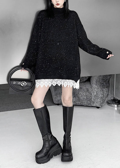 Casual Black Turtleneck Sequins Patchwork Lace Sweater Dress Fall