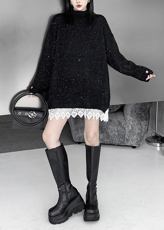 Casual Black Turtleneck Sequins Patchwork Lace Sweater Dress Fall