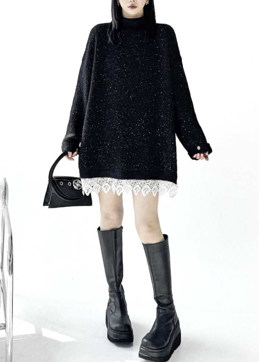 Casual Black Turtleneck Sequins Patchwork Lace Sweater Dress Fall